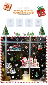 Dettaglio degli adesivi statici 3D per finestre con Babbo Natale e fiocchi di neve