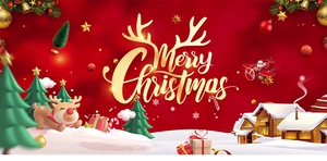 Bannière 3D Joyeux Noël avec renne de dessin animé et cadeaux sur fond festif rouge