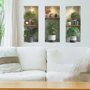 Set of three 3D creative potted plant niche wall stickers for modern living room decor