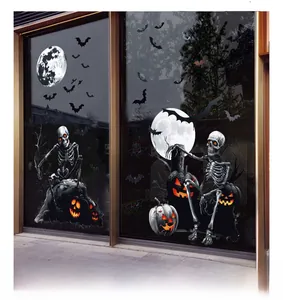 Detail of Halloween static cling window stickers with skeletons and glowing pumpkins