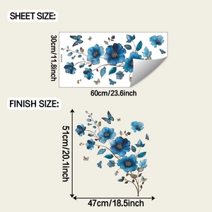 Blue flower and butterfly wall decal sheet size and finished size comparison view