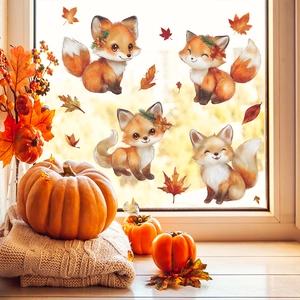 Herbst Cartoon Fuchs Und Ahornblätter Statische Haftfolie Fensteraufkleber PVC Süße Tier Dekorative Glasbilder Für Zuhause