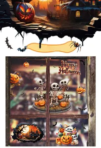 Halloween window stickers featuring pumpkins and skeletons for spooky holiday wall decoration