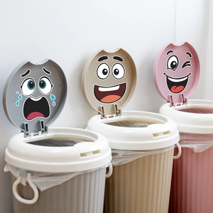 Funny cartoon expression stickers on grey beige and pink trash cans for home decor