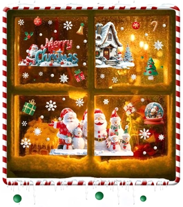 Dettaglio con Babbo Natale, pupazzo di neve e adesivi per finestre Merry Christmas
