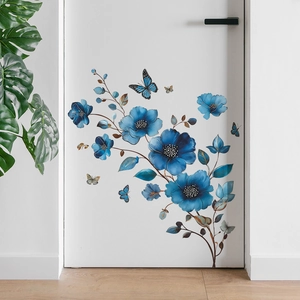Vintage blue flower and golden vine wall stickers for bathroom door decor