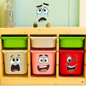 Funny cartoon expression stickers on storage bins for creative home organization