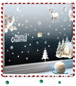 Detailed view of Christmas window clings featuring Santa Claus, reindeer, and white snowflakes