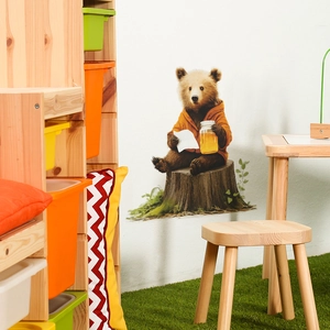 Cute brown bear eating honey wall sticker for kids bedroom decor with realistic details