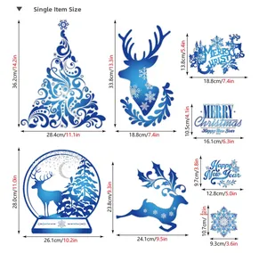 Detailed size chart for blue gradient Christmas tree and reindeer window cling decals