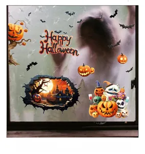 Macro detail of Halloween window stickers featuring pumpkin, haunted house and bats motifs
