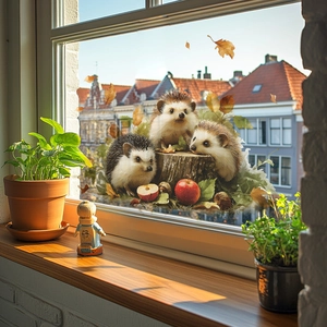 Süßer Igel Wandaufkleber mit Herbstlaub und Äpfeln für die Fensterdekoration zu Hause