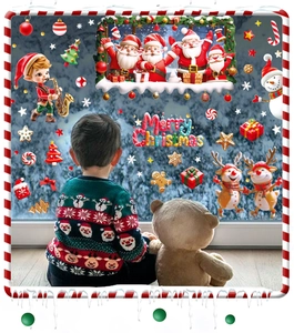 Cozy scene of a child looking at Christmas window stickers with Santa Claus and reindeer motifs