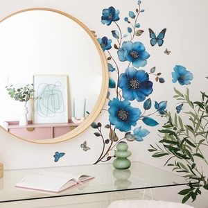 Elegant blue floral vine wall stickers with golden trim and butterflies for bathroom decor