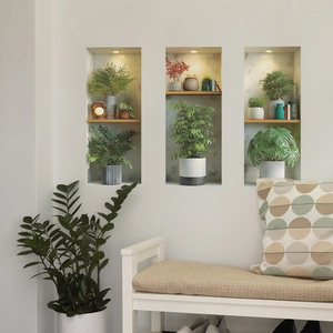 Minimalist wall stickers of potted plants and alcove lights for modern home decor