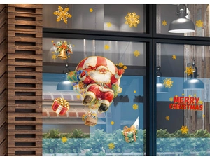 Detailed Christmas window stickers featuring Santa in a balloon and golden snowflakes