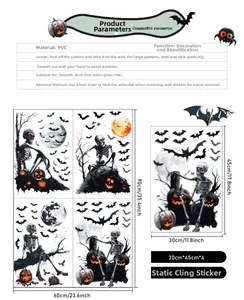 Macro view of Halloween window stickers showing skull, pumpkin, and bat motifs on PVC