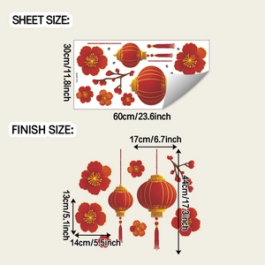 Detailed sheet dimensions and assembly size for red lantern plum blossom wall stickers