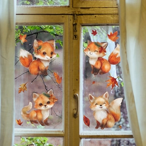 Süße Cartoon Fuchs und Herbstblätter statische Fensteraufkleber für Wohndekoration
