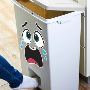 Funny cartoon expression sticker on white pedal trash can for home kitchen decor