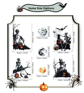 Detailed size chart for Halloween skeleton and bat static window clings in inches and cm
