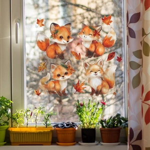 Cartoon Herbst Fuchs Fensteraufkleber mit bunten Ahornblättern für gemütliche Dekoration