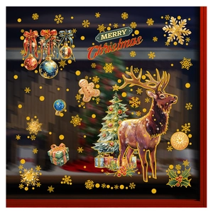 Christmas window decals with golden reindeer, festive tree, and Merry Christmas sign