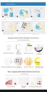 6-step installation guide and wall compatibility chart for Halloween window stickers