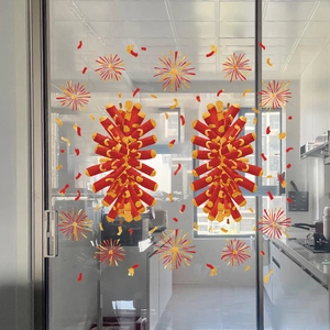 Festive Chinese New Year window stickers featuring red firecrackers and golden fireworks