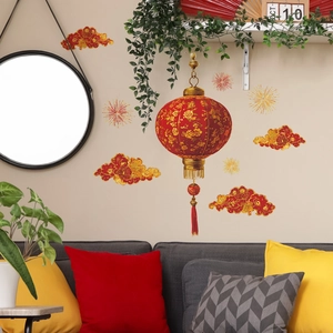 Chinesische Neujahrs-Wandaufkleber mit roten Laternen und goldenem Feuerwerk