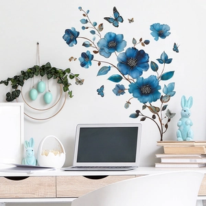 Vintage Blue Flower Vine Butterfly Wall Sticker PVC Waterproof Decal For Bathroom Bedroom Living Room Home Decoration