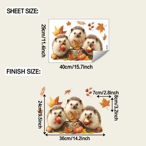Detailed size specifications for cute hedgehog and autumn leaves glass window stickers