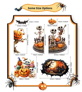 Size chart showing dimensions for Halloween skull and pumpkin window stickers in cm and inch