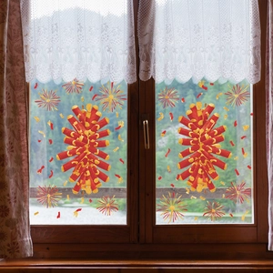 Festive Chinese New Year window stickers with red firecrackers and golden fireworks