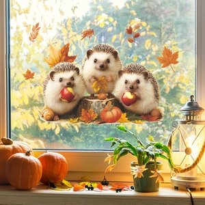 Autumn Hedgehog Static Window Clings Pumpkin Maple Leaf Decorative PVC Window Stickers For Thanksgiving Home Decor