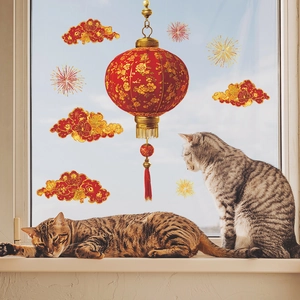 Chinesische Neujahrsfensterbilder mit roten Laternen, Wolken und Feuerwerk Deko