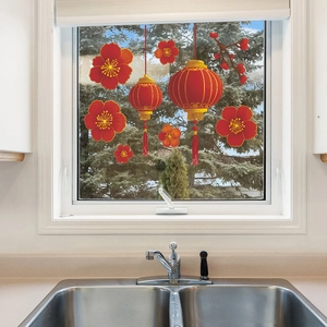 Traditional Festive Red Lantern Plum Blossom Wall Sticker PVC Home Decor Living Room Bedroom Background Decorative Sticker