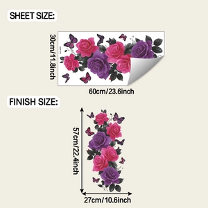 Detailed sheet and finish size dimensions for vintage purple vine and rose wall stickers