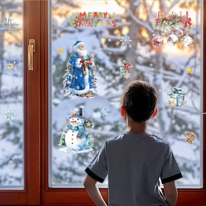 Christmas window decals with Santa, snowman and snowflake motifs for holiday home decor