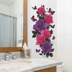 Floral wall sticker with purple vines and butterflies for bathroom wall decor