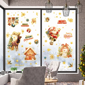 Christmas Window Stickers Gold Sprinkled Santa Claus Elk Snowflake Static Cling PVC Decals For Home Shop Festival Decoration