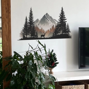 3D snowy pine mountain and deer silhouette wall sticker for home living room decor
