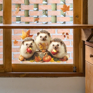 Cute hedgehog glass window stickers with autumn leaves and apples for home decoration