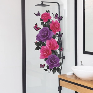 Creative purple vine and rose floral wall stickers for modern bathroom glass door decor