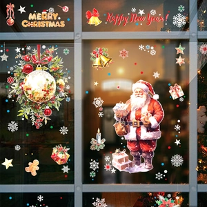 Autocollants de Fenêtre de Noël Adhésion Statique Père Noël Renne Flocon de Neige Poudrage d'Or Décor de Verre Nouvel An
