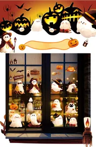 Detailed view of Halloween window stickers featuring cute ghosts, pumpkins and bats décor
