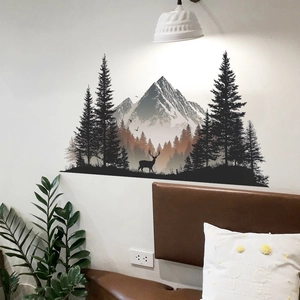 Modern 3D wall sticker featuring pine forest snowy mountains and elk for home decor
