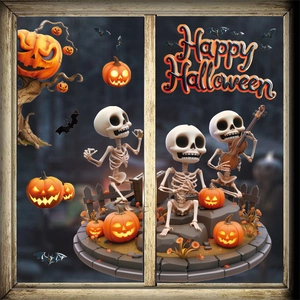 3D Halloween Window Stickers Skeleton Pumpkin Bat Castle Static Adsorption PVC Decals For Home Glass Party Decor