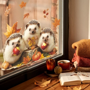 Autumn window decals featuring cute hedgehogs with apples and colorful maple leaves