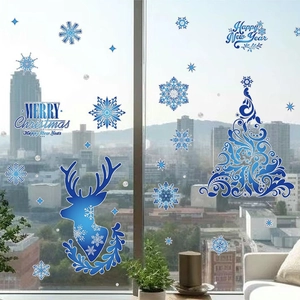 Blue and white Christmas deer window static stickers with Merry Christmas greeting